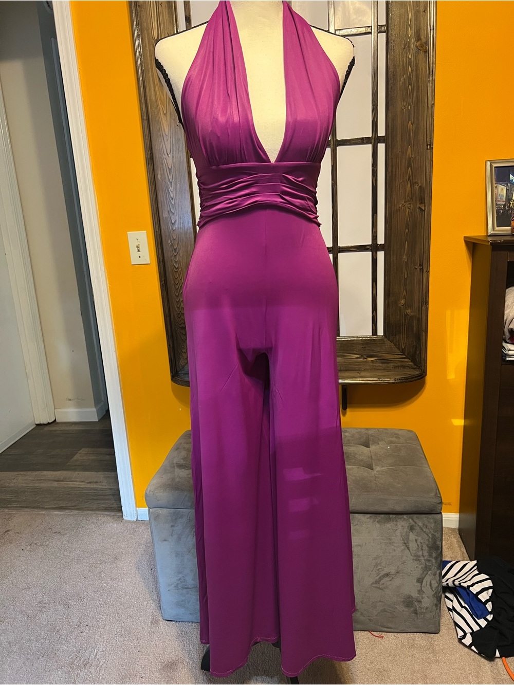 bebe Halter Wide-Leg Jumpsuit in Magenta